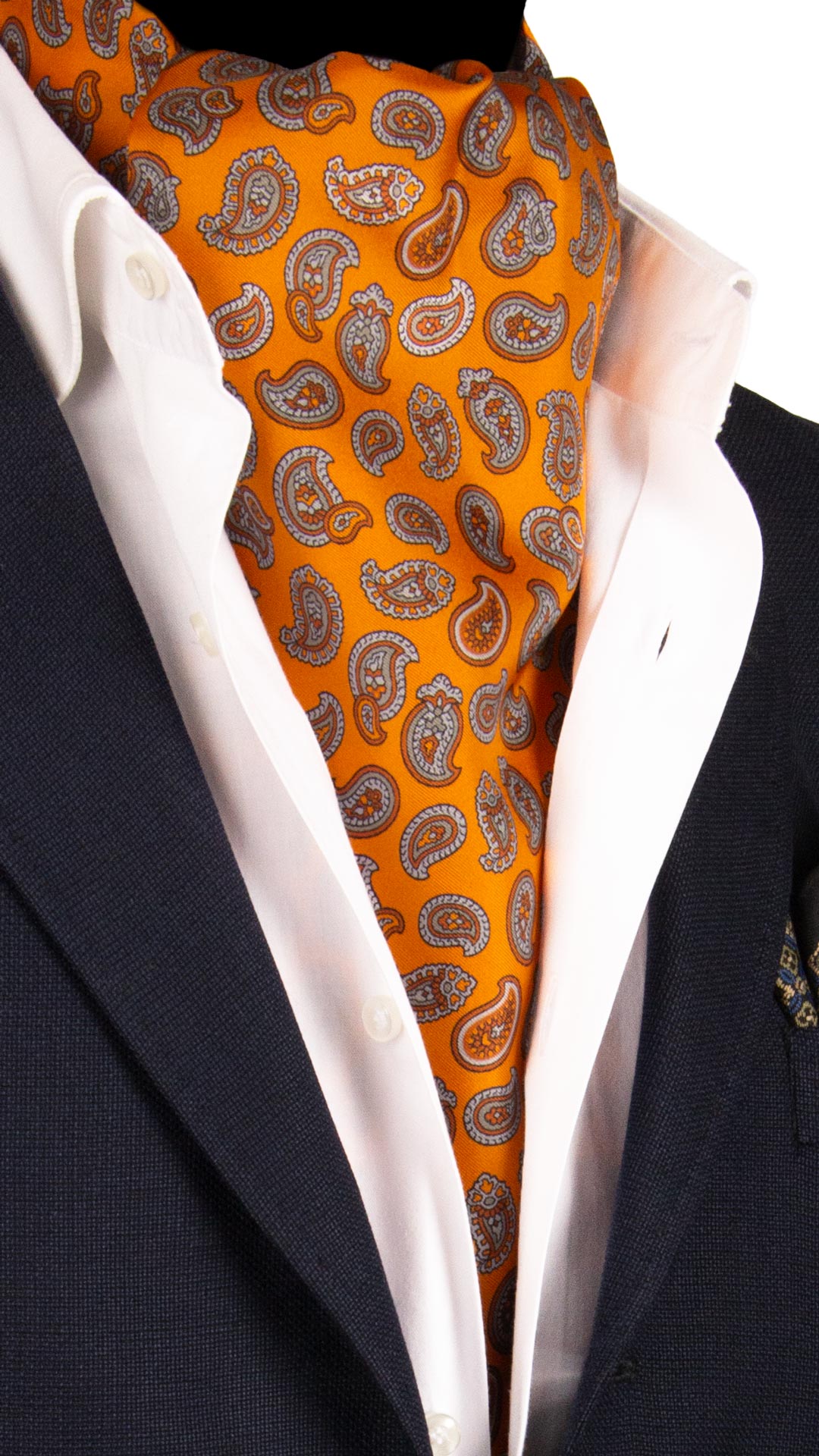 Man Orange Printed Silk Ascot Dove Gray Paisley AS127