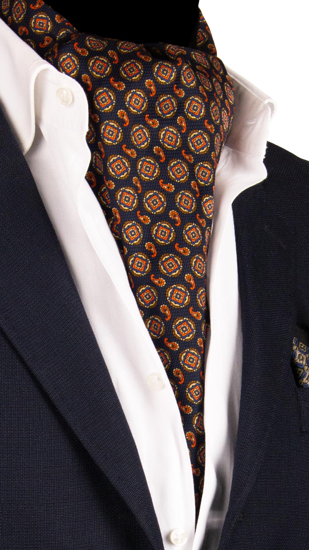 Ascot Stampa di Seta Blu Paisley Arancione Giallo MArrone AS103 Made in italy Graffeo Cravatte