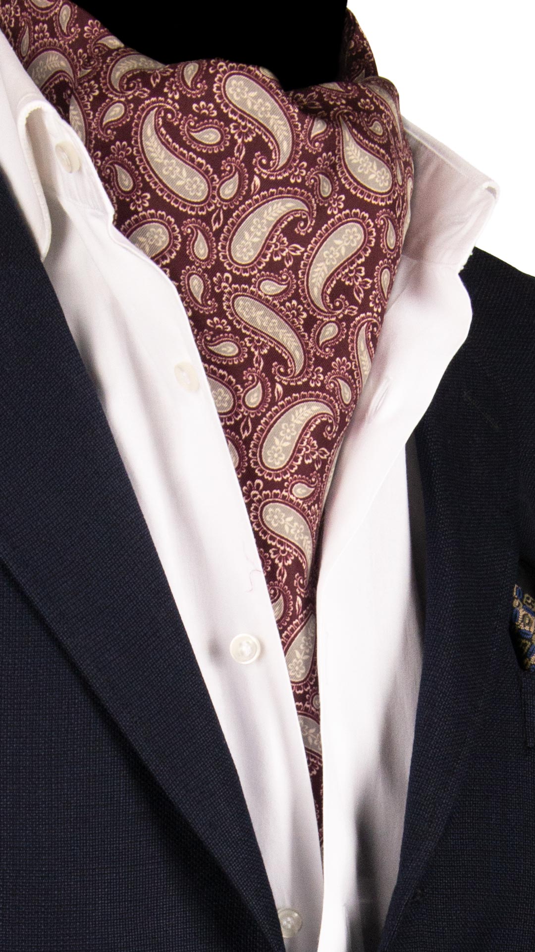 Ascot Stampa di Seta Bordeaux Paisley Tono su Tono Grigio Made in Italy Graffeo Cravatte Manichino