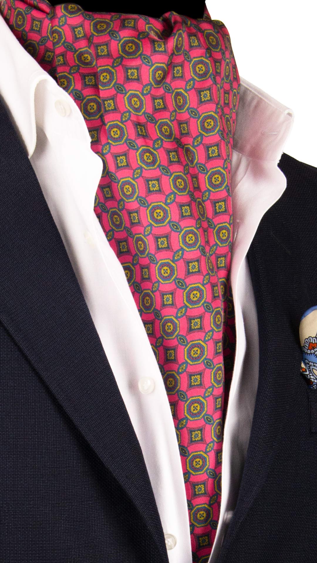 Ascot Stampa di Seta Fucsia Rosa Fantasia Gialla Blu Navy AS158 Made in Italy Graffeo Cravatte