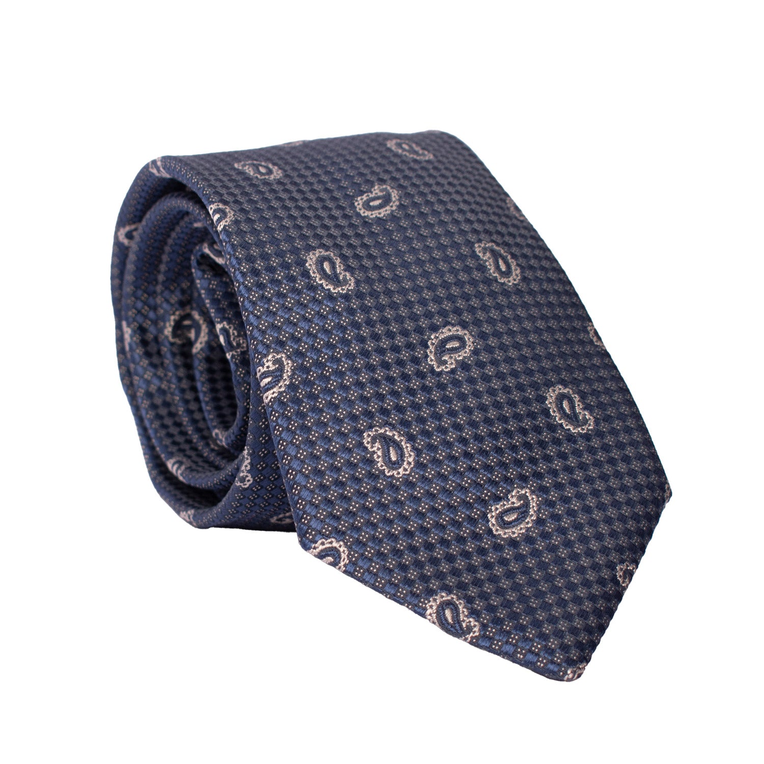 Cravatta da Cerimonia di Seta Blu Navy Paisley Tono su Tono Grigio Argento CY6598 Arrotolata