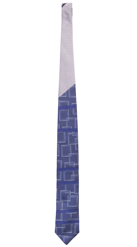 Cravatta Bluette Fantasia Azzurra Nodo in Contrasto Grigio Argento N3169 Intera