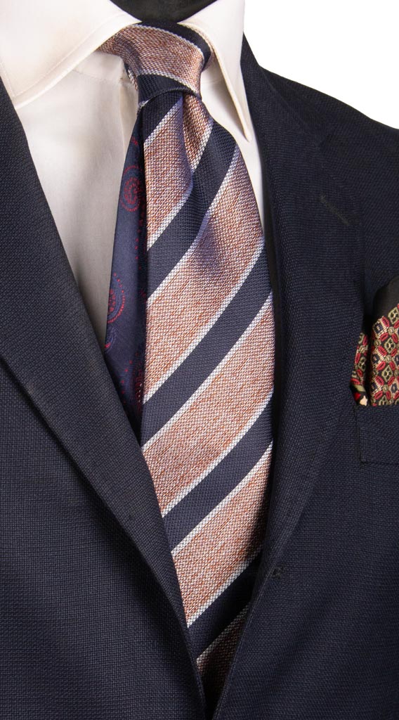 Cravatta Regimental di Seta Arancione con Righe Blu Grigie Made in Italy Graffeo Cravatte