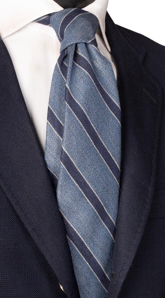 Cravatta Regimental in Cotone Seta Blu Jeans Righe Blu Grigie Made in Italy Graffeo Cravatte