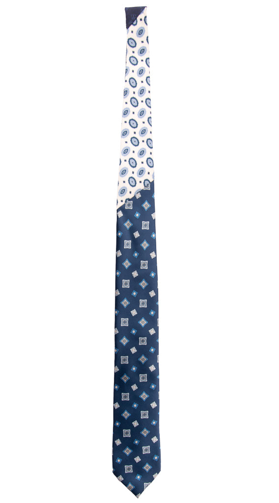 Cravatta Stampa Blu Fantasia Azzurra Celeste Nodo in Contrasto Bianco Azzurro Blu N3157 Intera