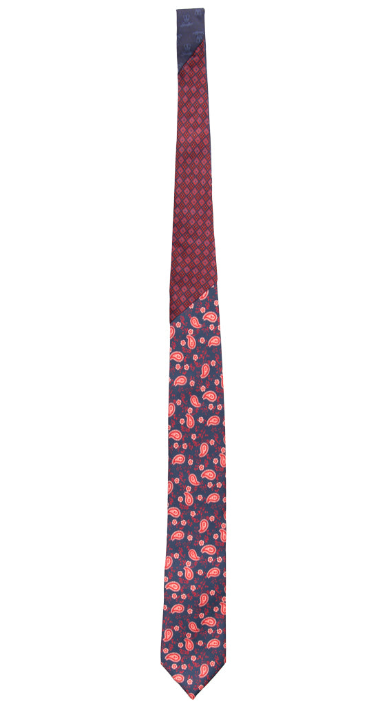 Cravatta Stampa Blu Paisley Rosso Bianco Nodo in Contrasto Blu Rosso Celeste N3158 Intera