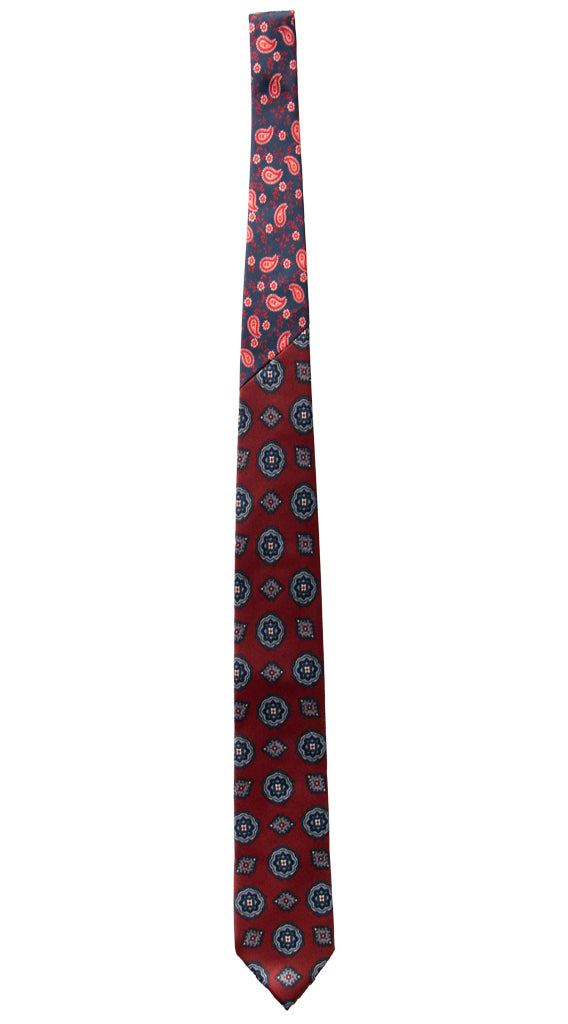 Cravatta Stampa Bordeaux a Medaglioni Celesti Blu Nodo in Contrasto Blu Paisley Rosso Bianco N3193 Intera