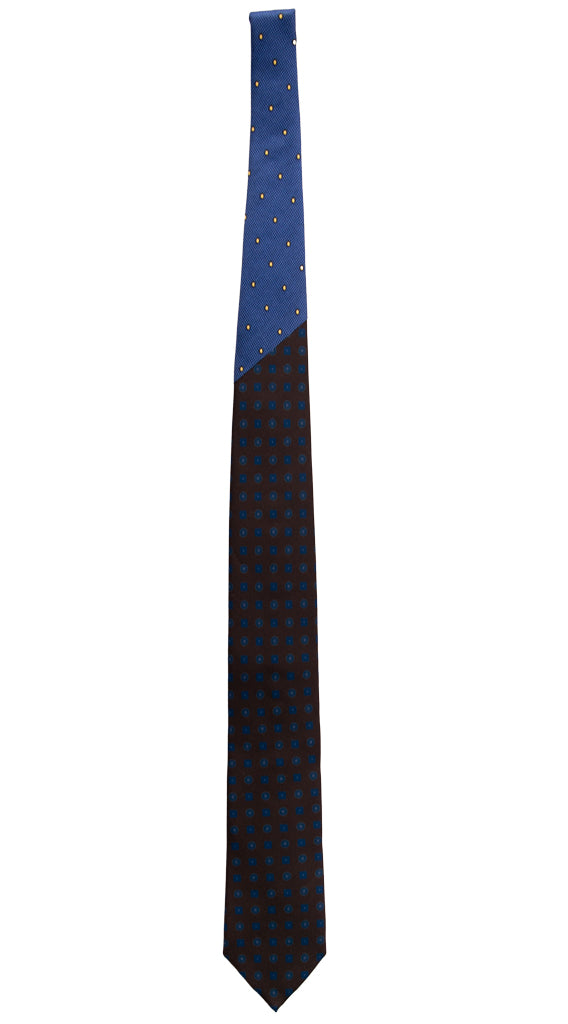 Cravatta Stampa Marrone Bruciato Fantasia Bluette Verde Nodo in Contrasto Bluette Giallo N3222 Intera