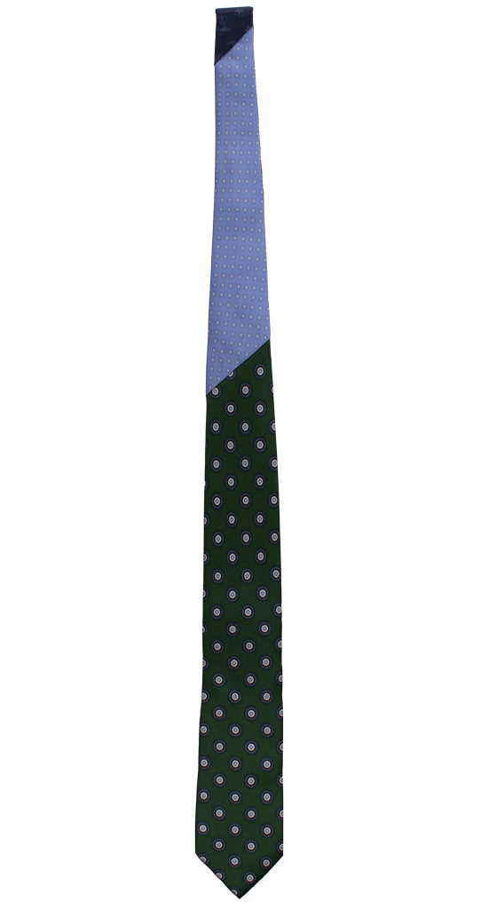 Cravatta Stampa Verde Fantasia Bianca Azzurra Nodo in Contrasto Celeste Bianco N3217 Intera