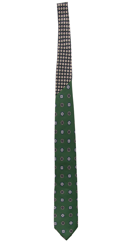 Cravatta Stampa Verde Fantasia Bianca Celeste Nodo in Contrasto Blu Bianco Verde N3209 Intera