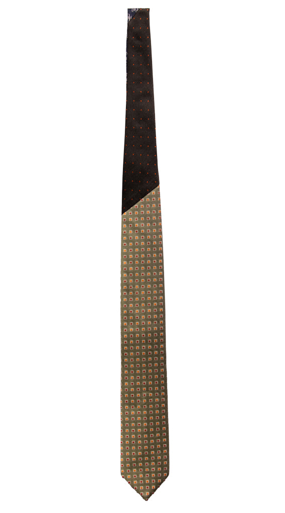 Cravatta Verde Salvia Fantasia Gialla Bianca Nodo in Contrasto Marrone a Pois Arancione N3188 Intera