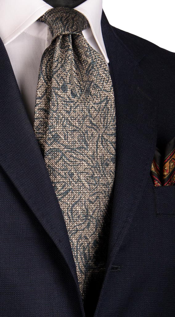 Cravatta Vintage di Seta Jacquard Grigio Argento Fantasia Verde Acqua Made in Italy Graffeo Cravatte