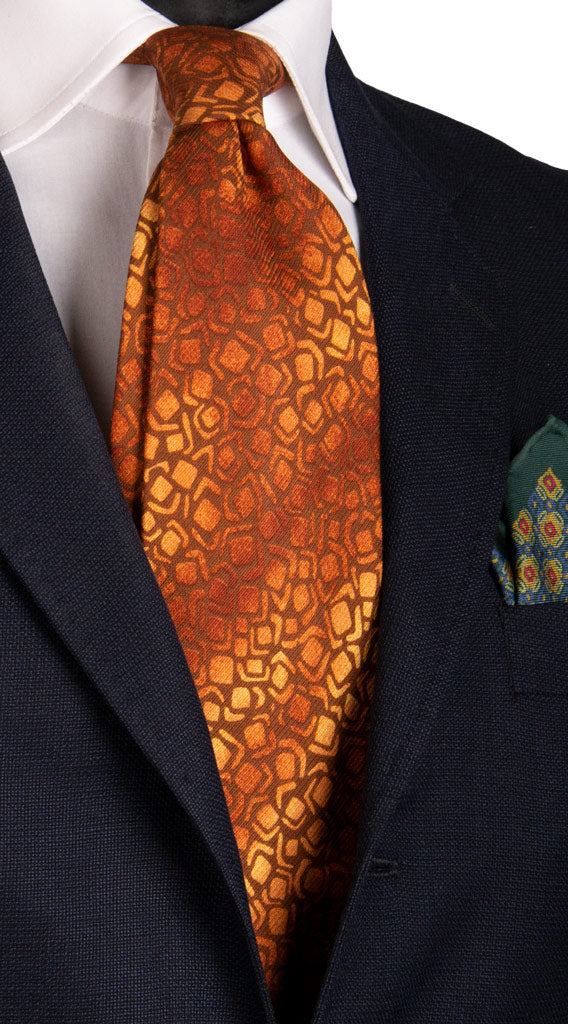 Cravatta Vintage di Seta Jacquard Marrone Fantasia Arancione Giallo Oro Made in Italy Graffeo Cravatte