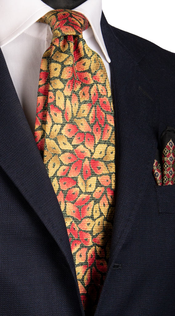 Cravatta Vintage di Seta Jacquard Verde Fantasia Gialla Arancione Made in Italy Graffeo Cravatte