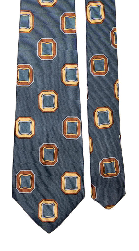 Cravatta Vintage in Saia di Seta Blu Avio Fantasia Marrone Beige Celeste Made in Italy Graffeo Cravatte Pala
