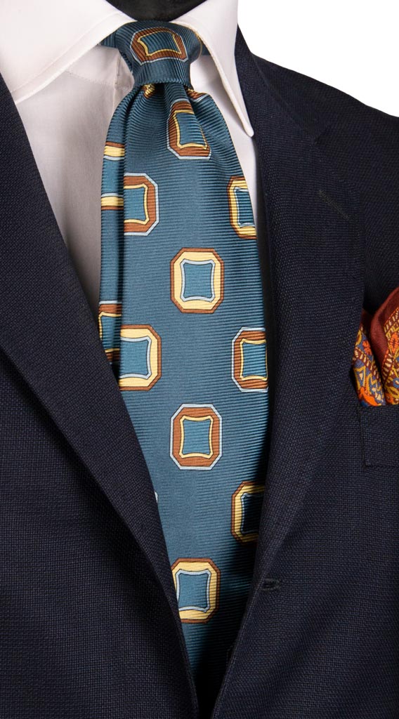 Cravatta Vintage in Saia di Seta Blu Avio Fantasia Marrone Beige Celeste Made in Italy Graffeo Cravatte