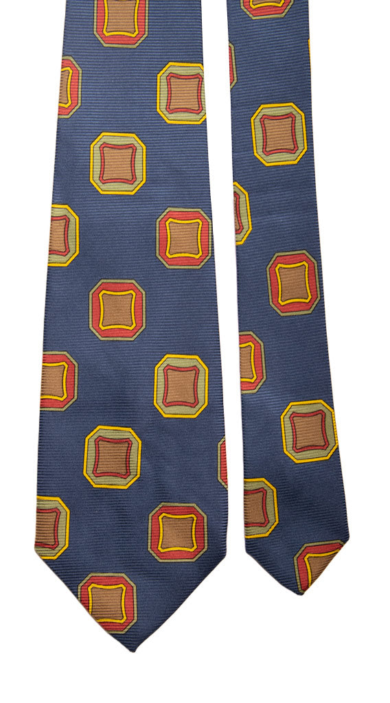 Cravatta Vintage in Saia di Seta Blu Avio Fantasia Multicolor Made in Italy Graffeo Cravatte Pala