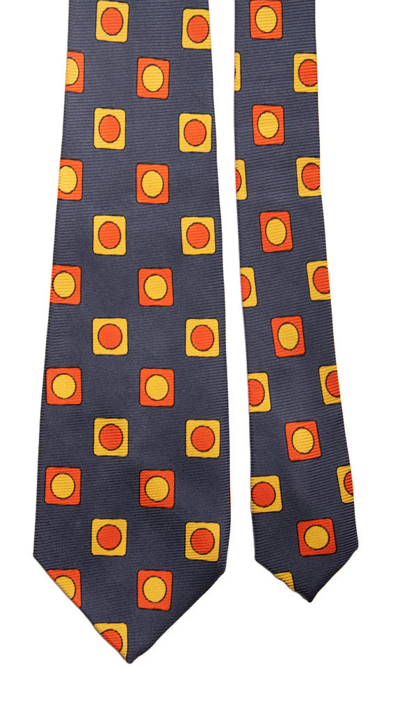 Cravatta Vintage in Saia di Seta Blu Pavone Fantasia Arancione Senape Made in Italy Graffeo Cravatte Pala