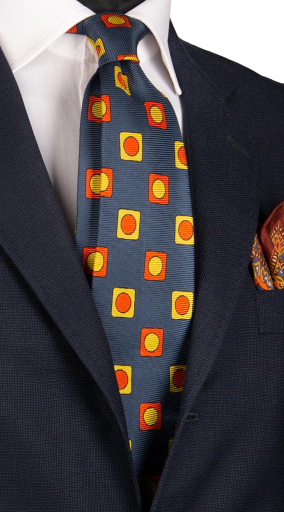 Cravatta Vintage in Saia di Seta Blu Pavone Fantasia Arancione Senape Made in Italy Graffeo Cravatte