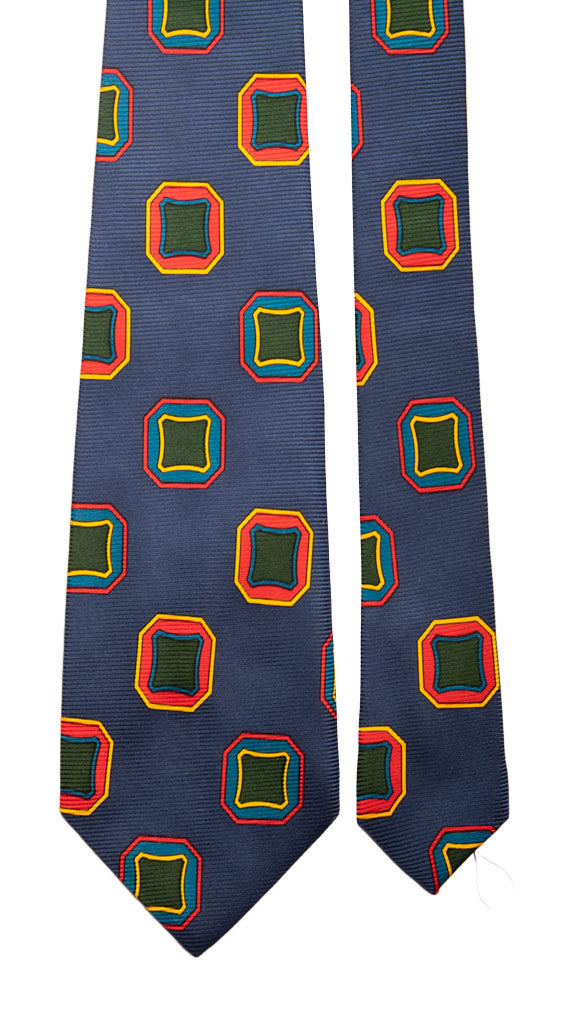 Cravatta Vintage in Saia di Seta Blu Pavone Fantasia Multicolor Made in Italy Graffeo Cravatte Pala