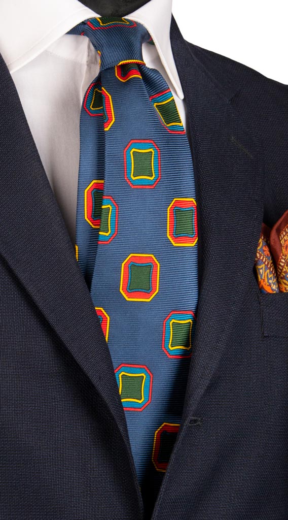 Cravatta Vintage in Saia di Seta Blu Pavone Fantasia Multicolor Made in Italy Graffeo Cravatte