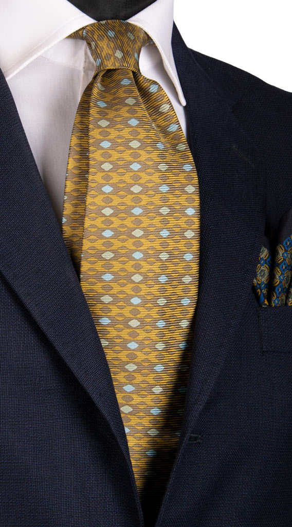 Cravatta Vintage in Saia di Seta Marrone Giallo Sabbia Fantasia Celeste Made in Italy Graffeo Cravatte