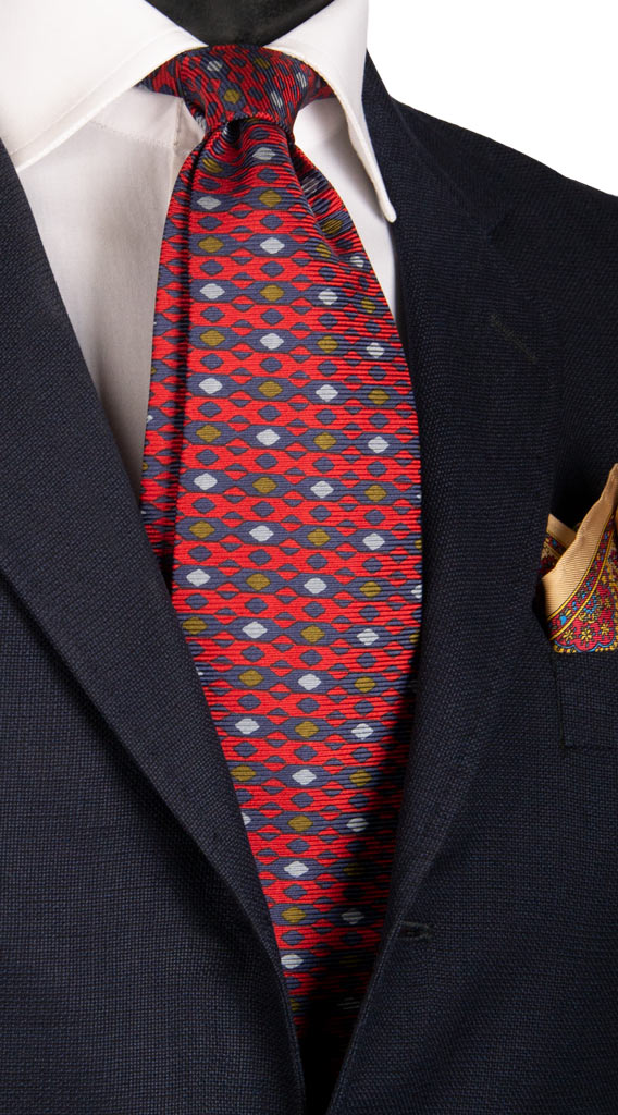 Cravatta Vintage in Saia di Seta Rosso Blu Fantasia Marrone Grigia Made in Italy Graffeo Cravatte