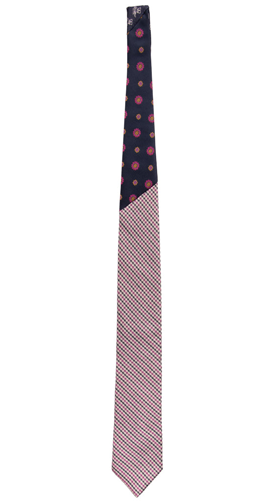 Cravatta a Quadri Bianca Blu Fucsia Nodo in Contrasto Blu Fucsia Giallo Oro N3203 intera