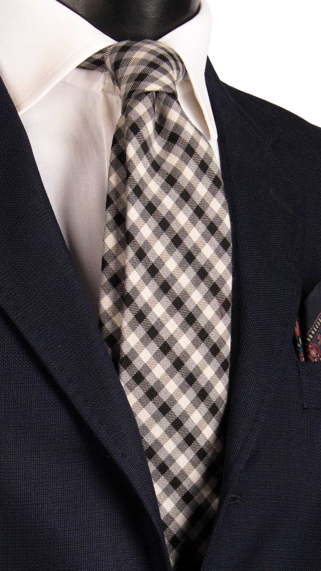 Man Wool Silk Tie Black Grey White Checks L1175