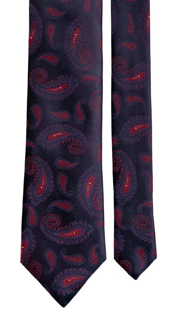 Cravatta di Seta Blu Paisley Rosso Grigio Argento 6890 Pala
