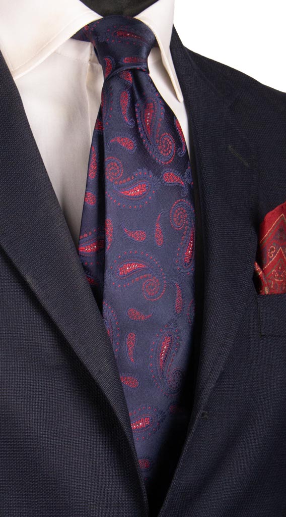 Cravatta di Seta Blu Paisley Rosso Grigio Argento 6890 Made in Italy Graffeo Cravatte