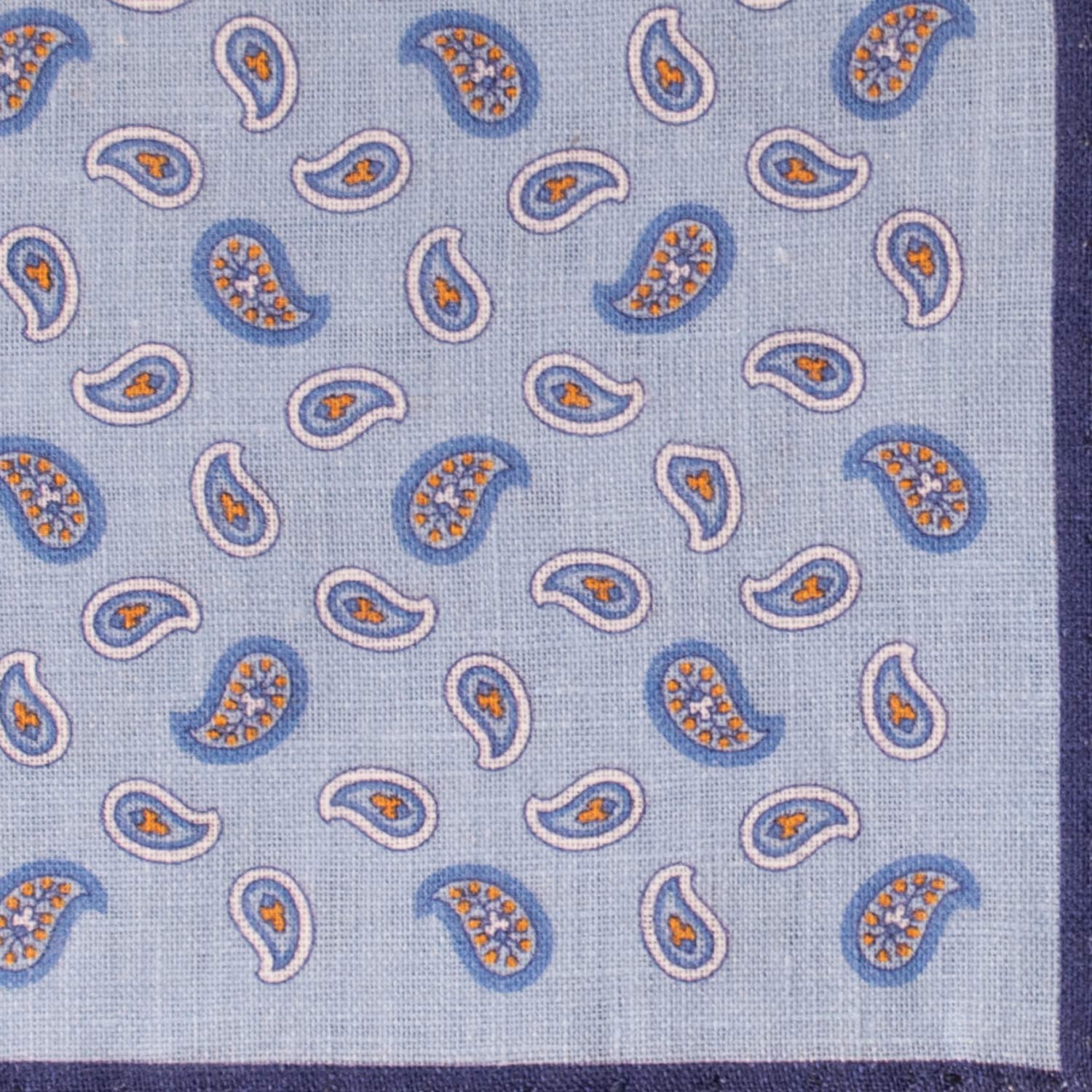 Fazzoletto da Taschino Vintage di Lino Azzurro Paisley Blu Navy Bianco Giallo POCV782 Dettaglio