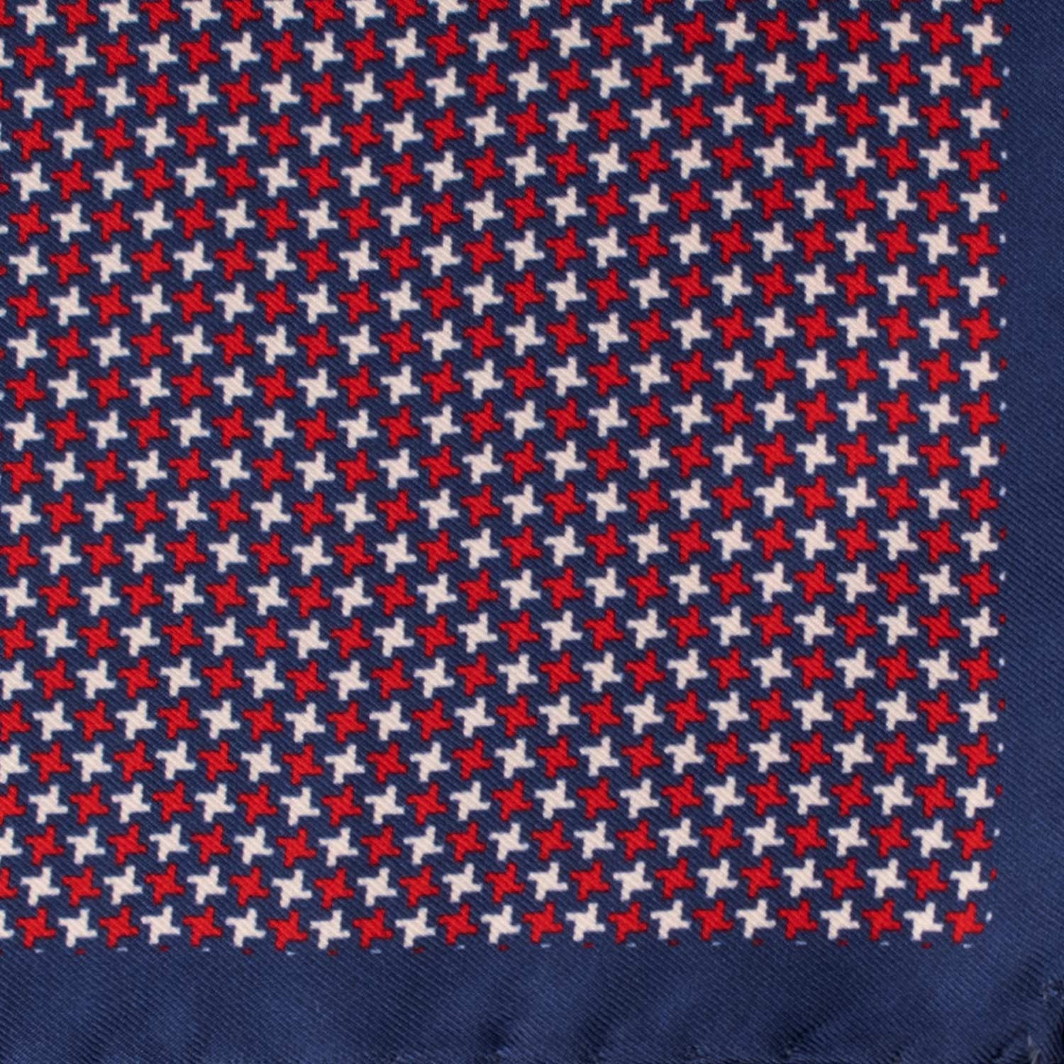Fazzoletto da Taschino Vintage di Seta Blu Navy Pied de Poule Rosso Bianco POCV790 Dettaglio