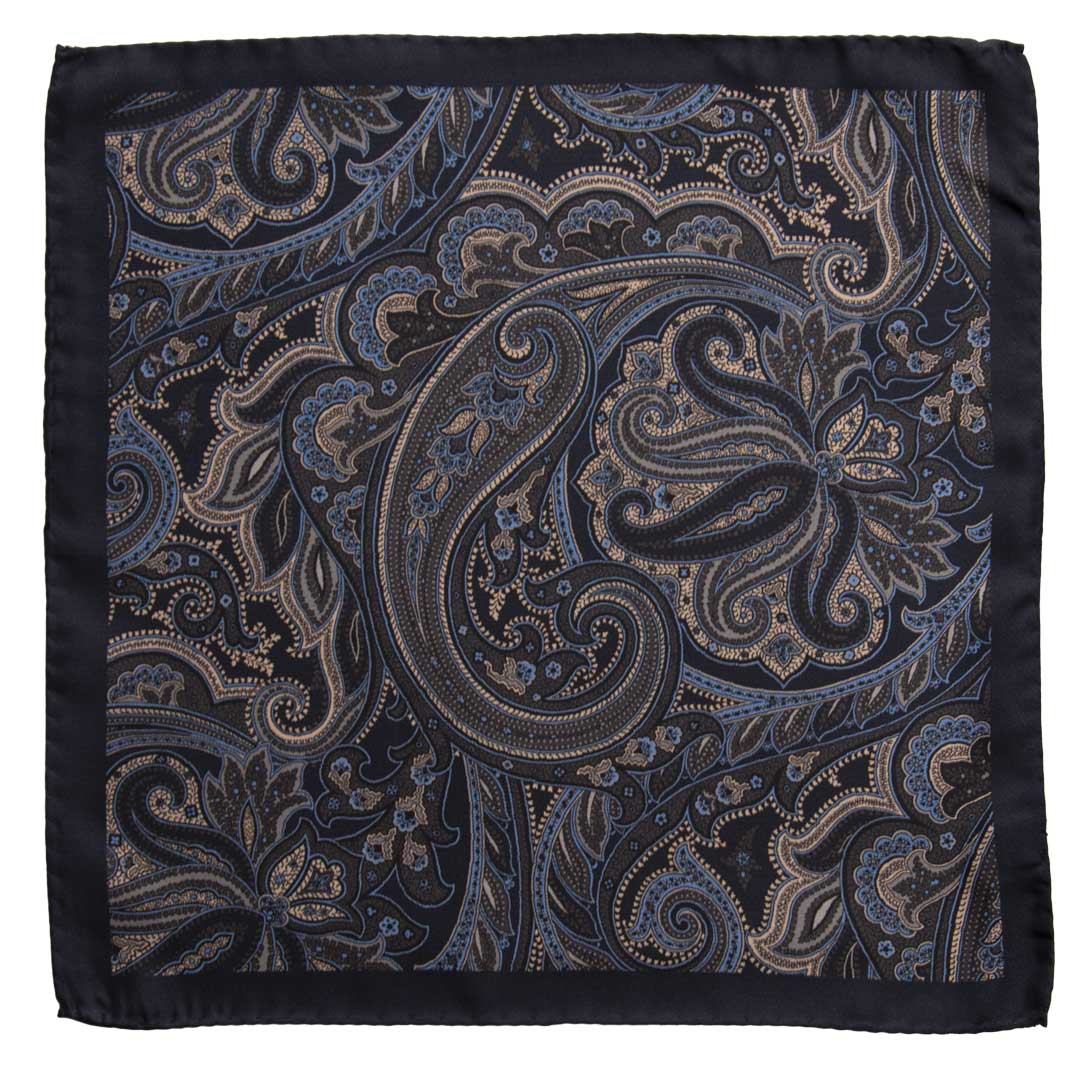 Fazzoletto da Taschino Vintage di Seta Blu Paisley Celeste Grigio Beige POCV665 Made in Italy Graffeo Cravatte