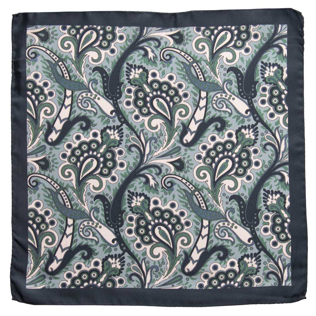 Fazzoletto da Taschino Vintage di Seta Celeste Paisley Blu Verde Bianco POCV672 Made in Italy Graffeo Cravatte