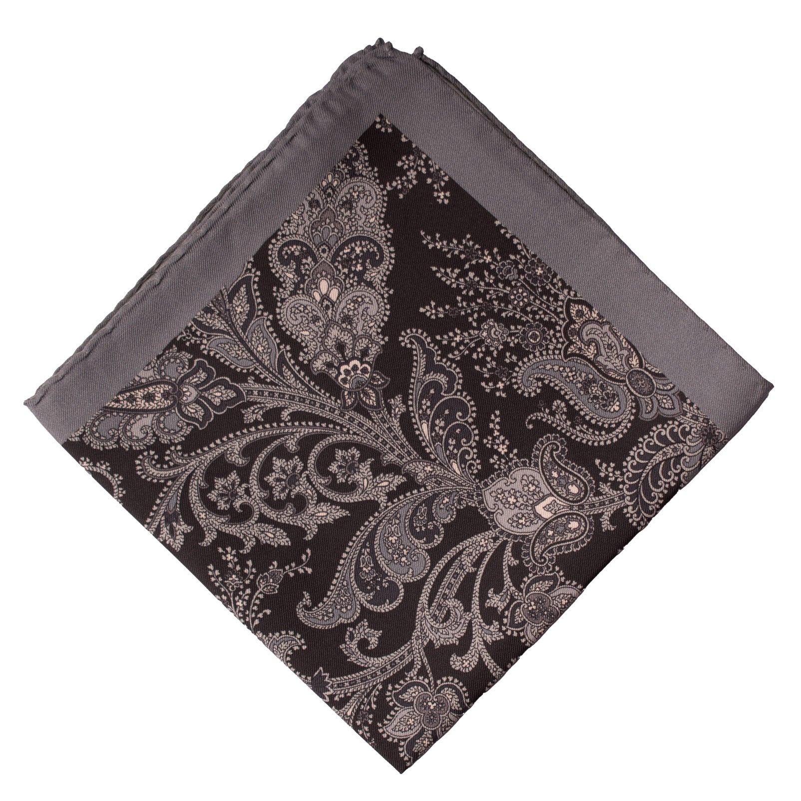 Fazzoletto da Taschino Vintage di Seta Nero Paisley Grigio POCV666 Piegata