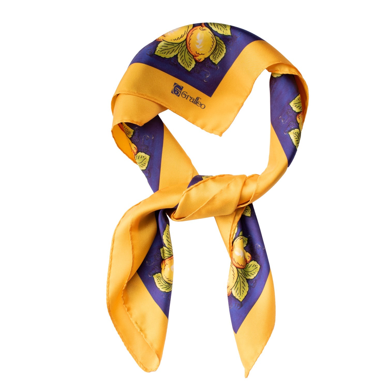 Foulard di Seta con Disegni Siciliani Trinacria e Limoni F39 Annodato