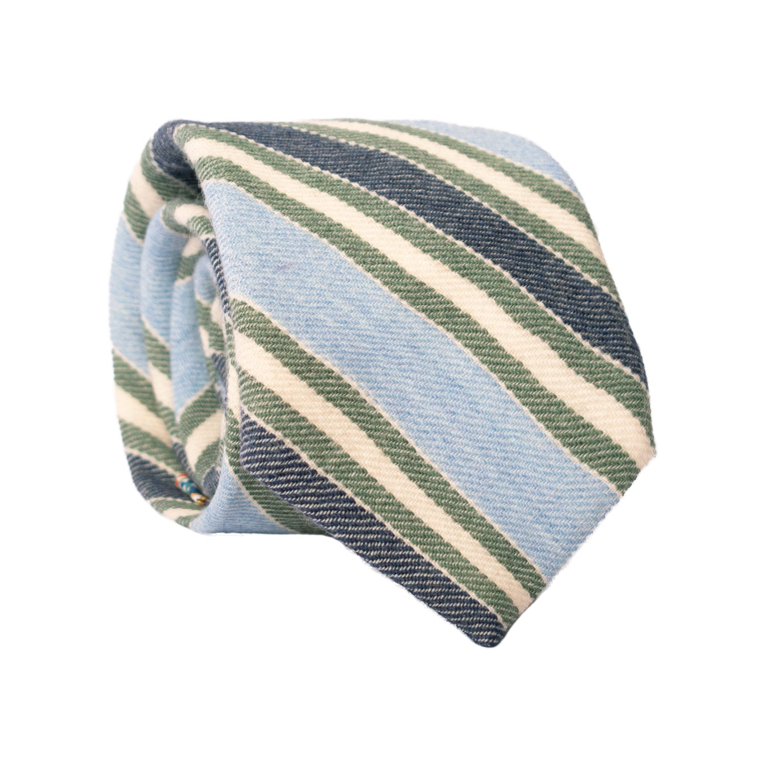 Cravatta-Regimental-in-Lana-Cashmere-con-Righe-Celesti-Blu-Verde-Bianco-Panna- L973
Rotolo