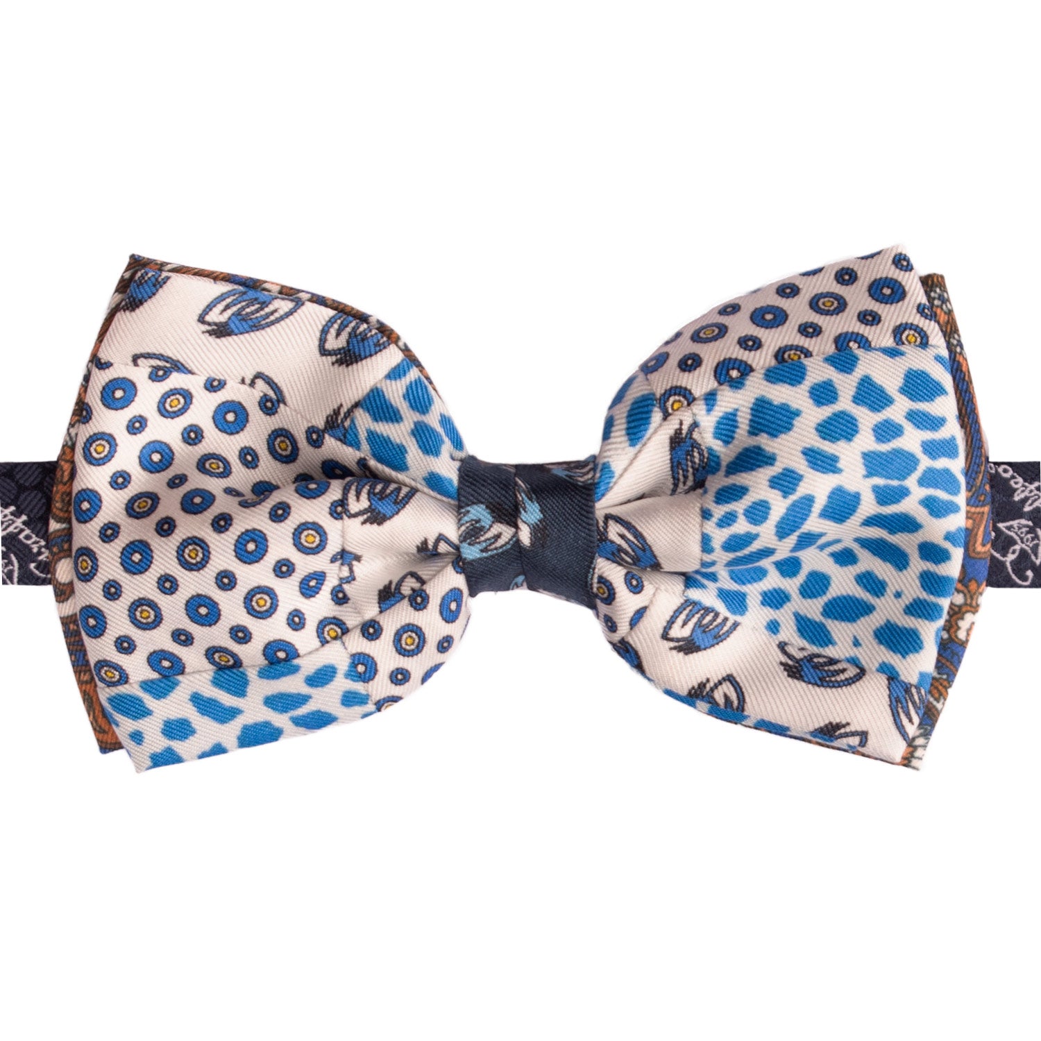 Papillon Annodato Patchwork Stampa di Seta Bianco Fantasia Bluette Blu Giallo PATCH1003 Made in Italy Graffeo Cravatte