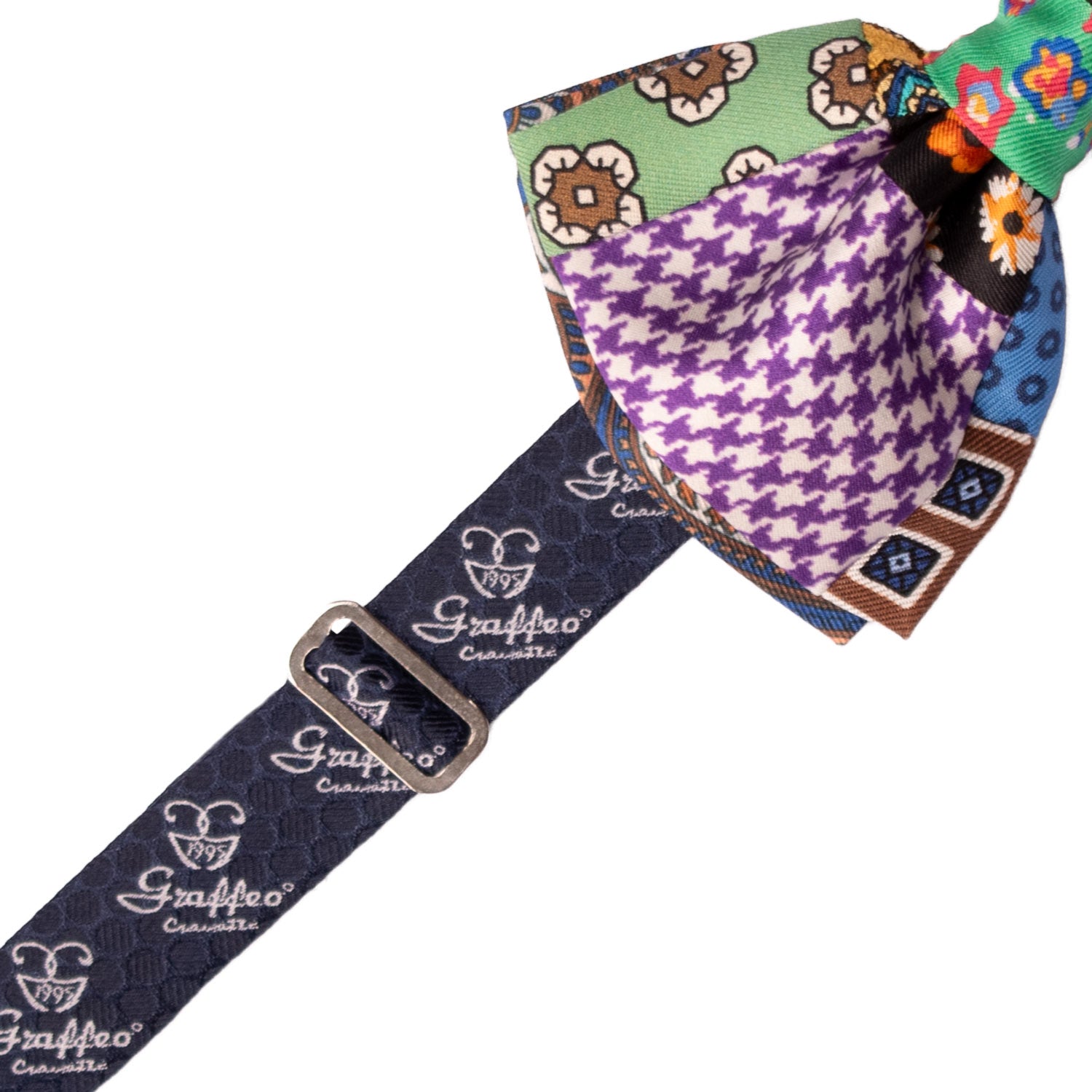 Papillon Annodato Patchwork Stampa di Seta Fantasia Multicolor PATCH1015 Made in Italy Graffeo Cravatte Pre-Tied