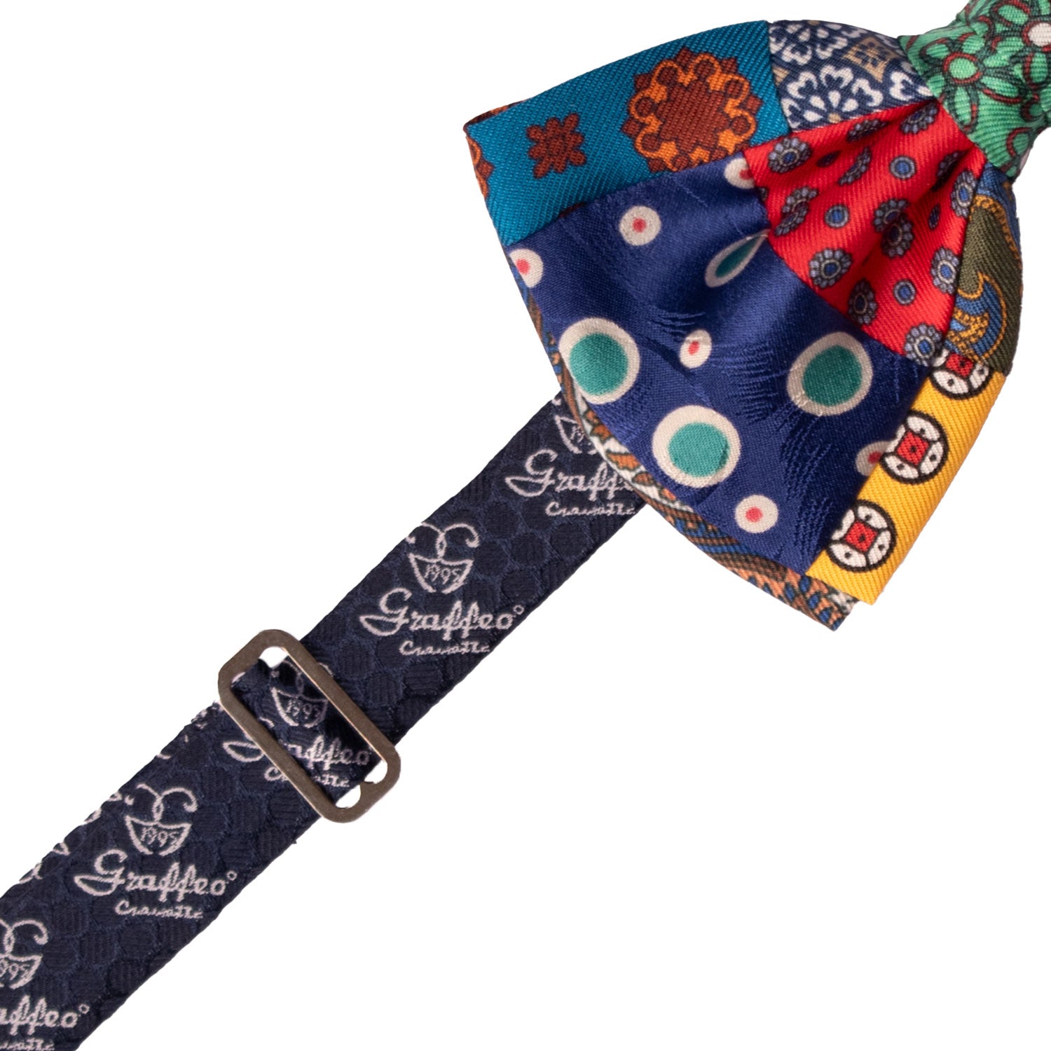 Papillon Annodato Patchwork Stampa di Seta Fantasia Multicolor PATCH1028 Made in Italy Graffeo Cravatte Pre-Tied