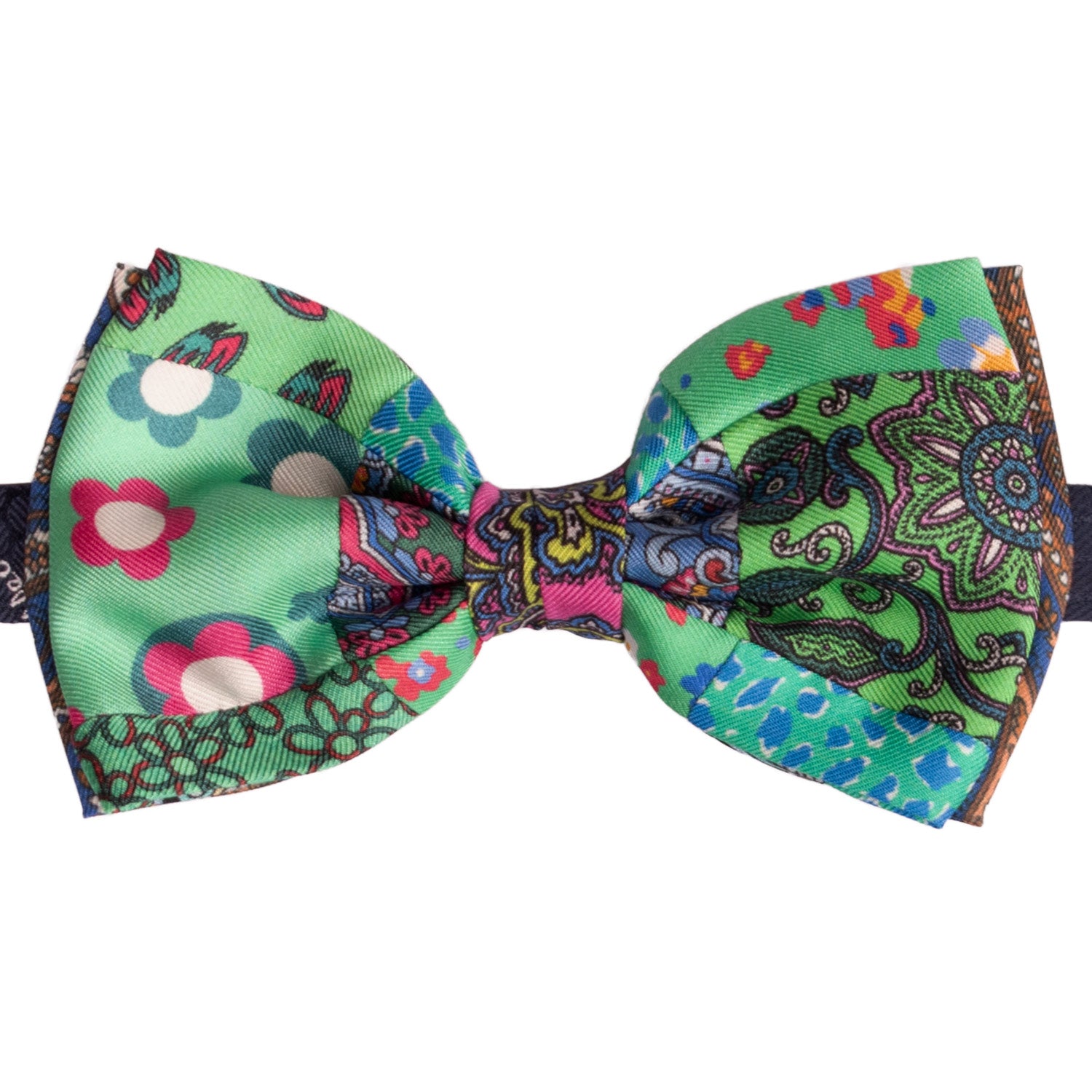 Papillon Annodato Patchwork Stampa di Seta Verde Fantasia Multicolor PATCH1002 Made in italy Graffeo Cravatte