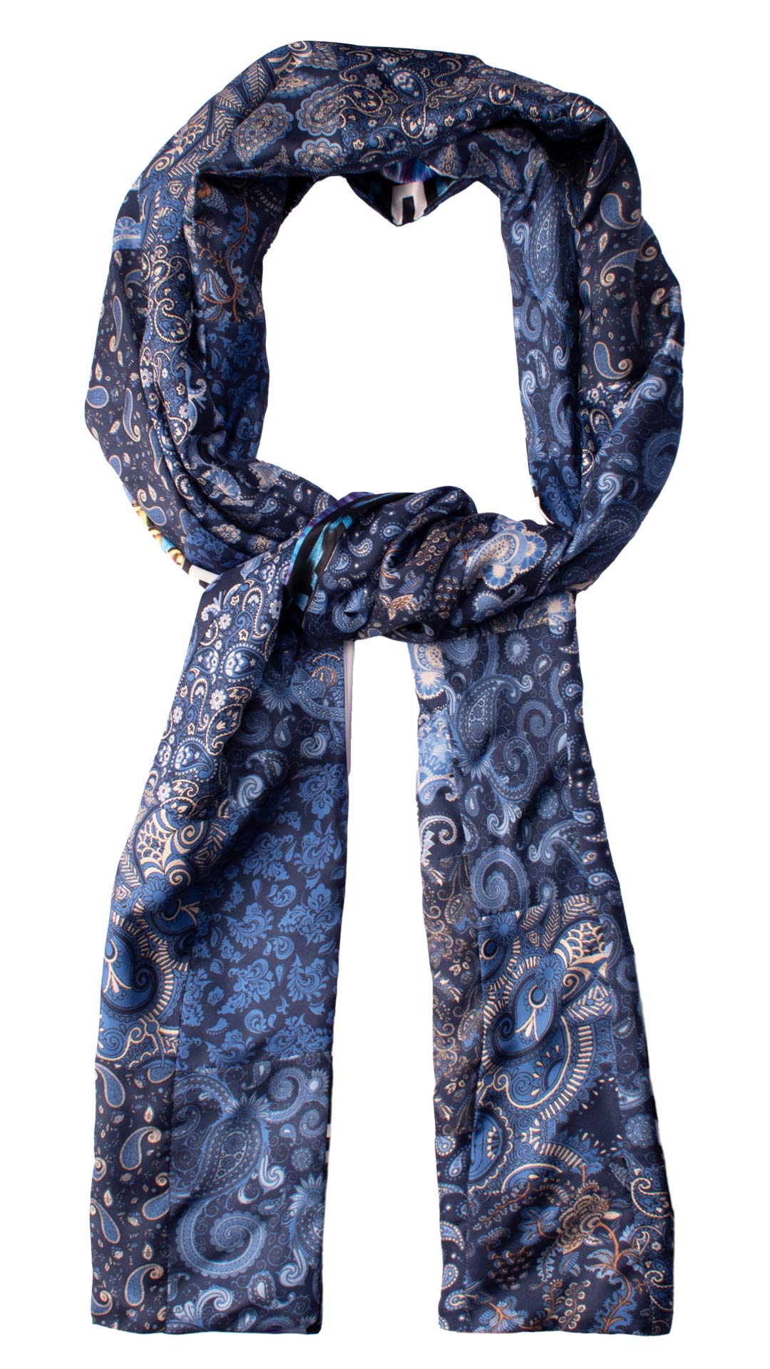 Sciarpa di Seta Blu Patchwork Paisley Celeste Marrone Made in Italy Graffeo Cravatte Anello