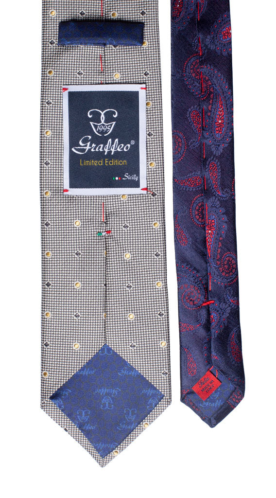 Cravatta Grigia Fantasia Giallo Oro Nodo in Contrasto Grigio Scuro Fucsia Made in Italy graffeo Cravatte Pala