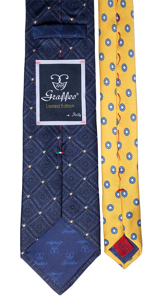 Cravatta Stampa a Quadri Blu Bluette Nodo in Contrasto Giallo a Fantasia Made in Italy Graffeo Cravatte Pala