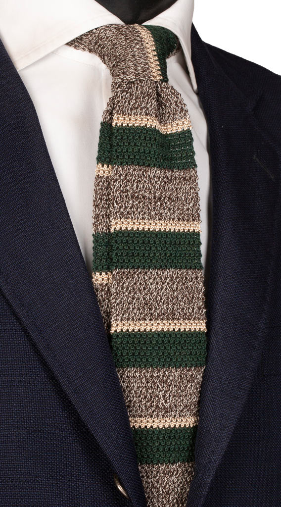 Cravatta Tricot in Maglia di Seta a Righe Marroni Beige Verde Made in Italy Graffeo Cravatte