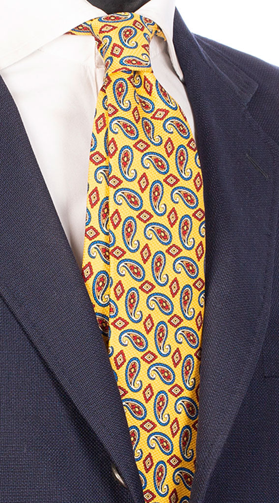 Man Yellow Seven Fold Silk Tie Deep Blue Red Brown White Paisley 7P79