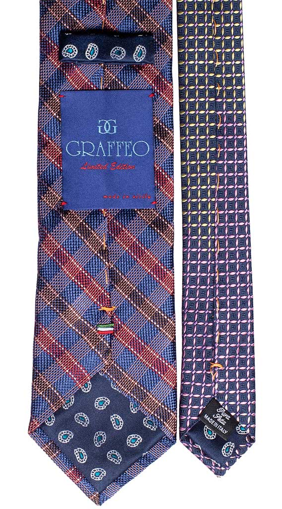 Cravatta a Quadri Bluette Rosa Bordeaux Blu Nodo a Contrasto Bluette Tono su Tono Made in Italy Graffeo Cravatte Pala