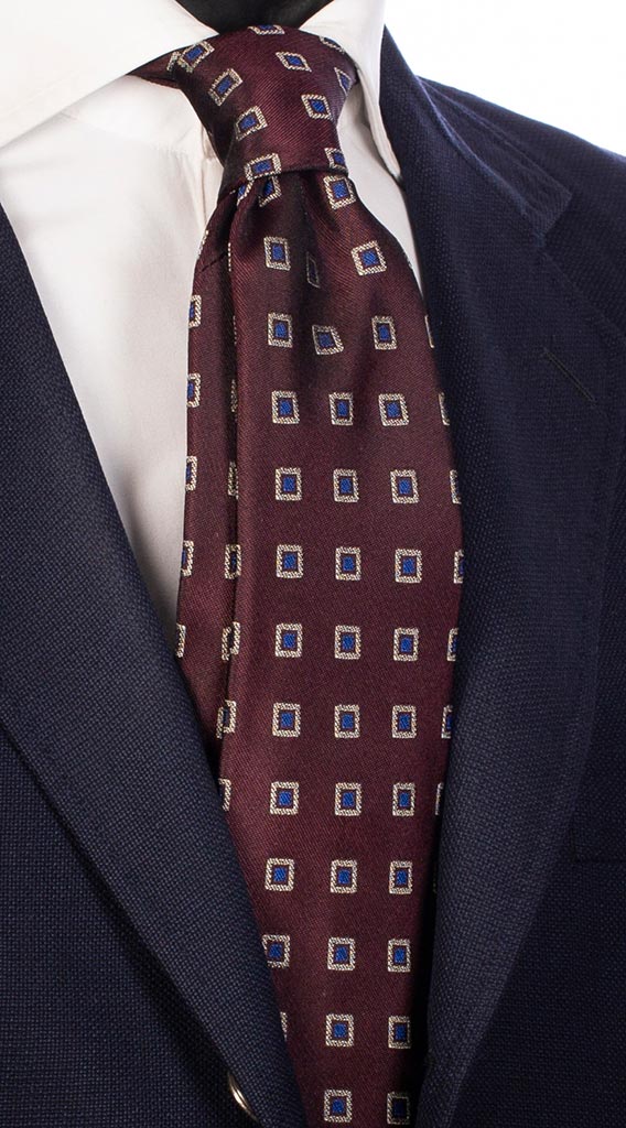 Cravatta di Seta Bordeaux Scuro Fantasia Bluette Beige Made in Italy Graffeo Cravatte